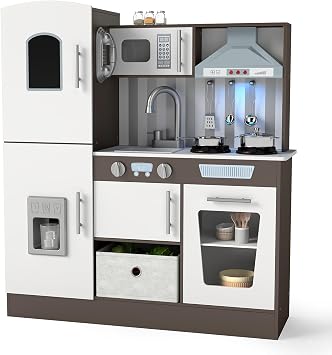 JOYLDIAS Wooden Toddler Play Kitchen Set w/Realistic Lights & Sounds