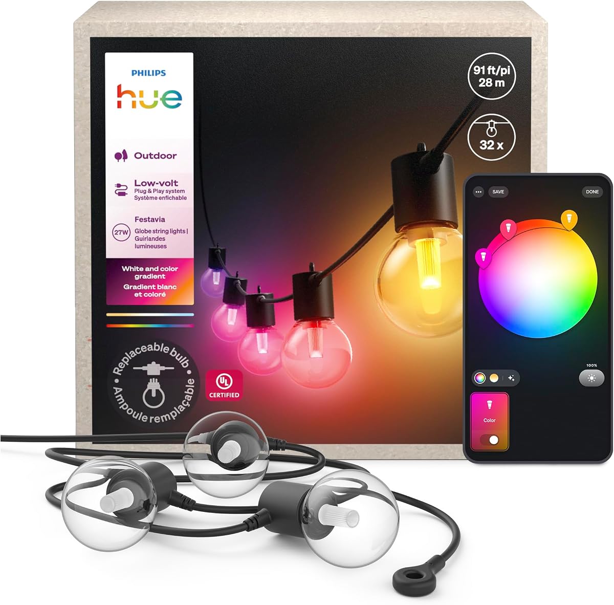 Philips Hue Festavia Globe Cadena de luces para exteriores, 32 bombillas, 91 pies | Ambiente de blanco y color, regulable, funciona con Alexa Google Assistant y Apple Home, IP65 inastillable