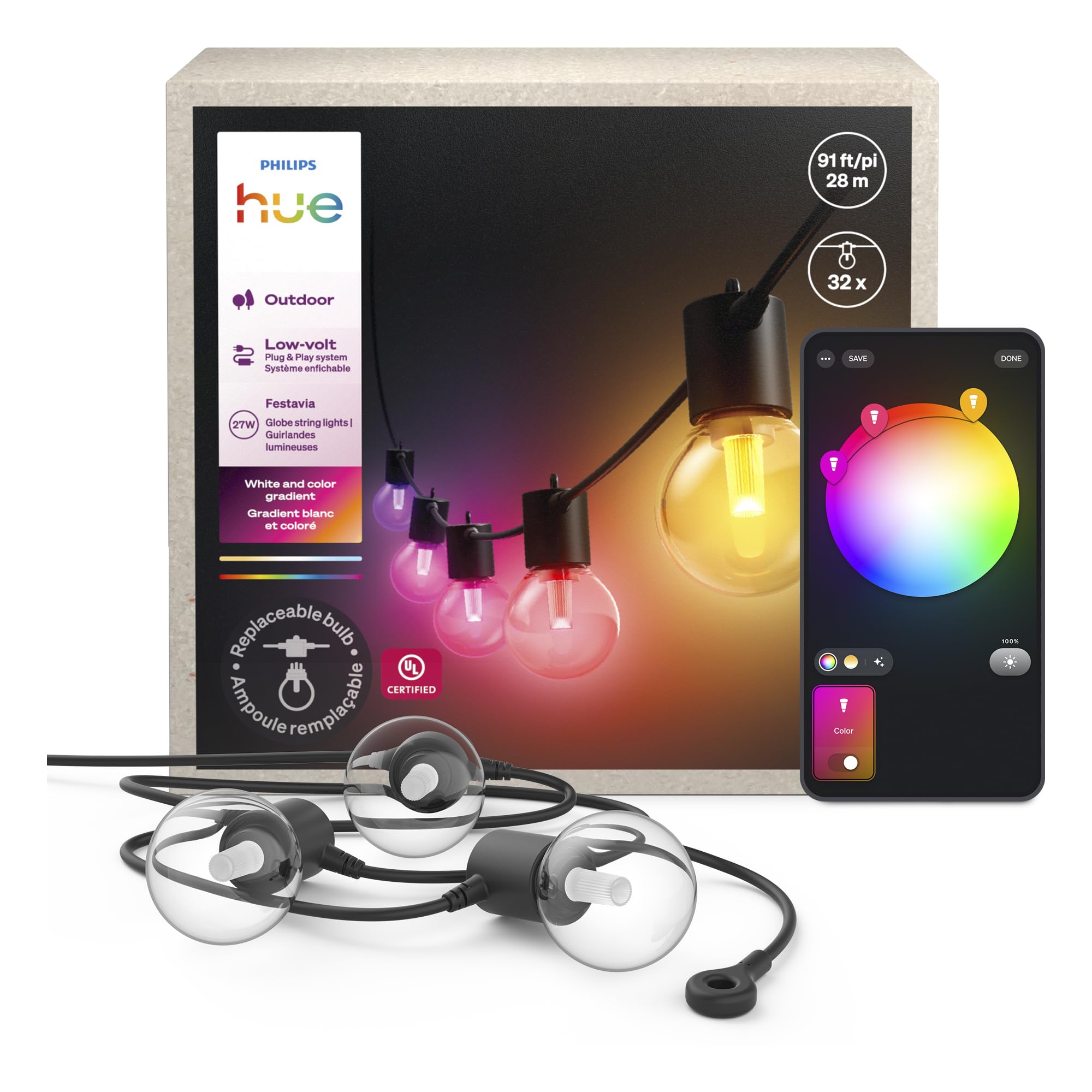 Philips Hue(ヒュー) PY47915L Philips Hue Festavia Globe Outdoor String Lights, White and Color