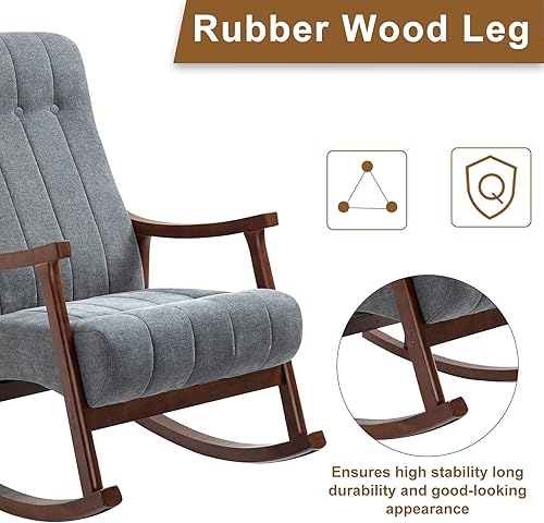 Miniatura 6 de AVAWING Upholstered Rocking Chair with Fabric Padded Seat, Comfortable Rocker Solid Wood for Living Room, Modern High Back Armchair for Adult, Dark
