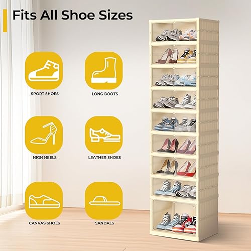 Miniatura 3 de GCCSJ Organizador de zapatos plegable de 9 niveles, 18 pares, estante de zapatos plegable de plástico, armario de almacenamiento plegable con puerta