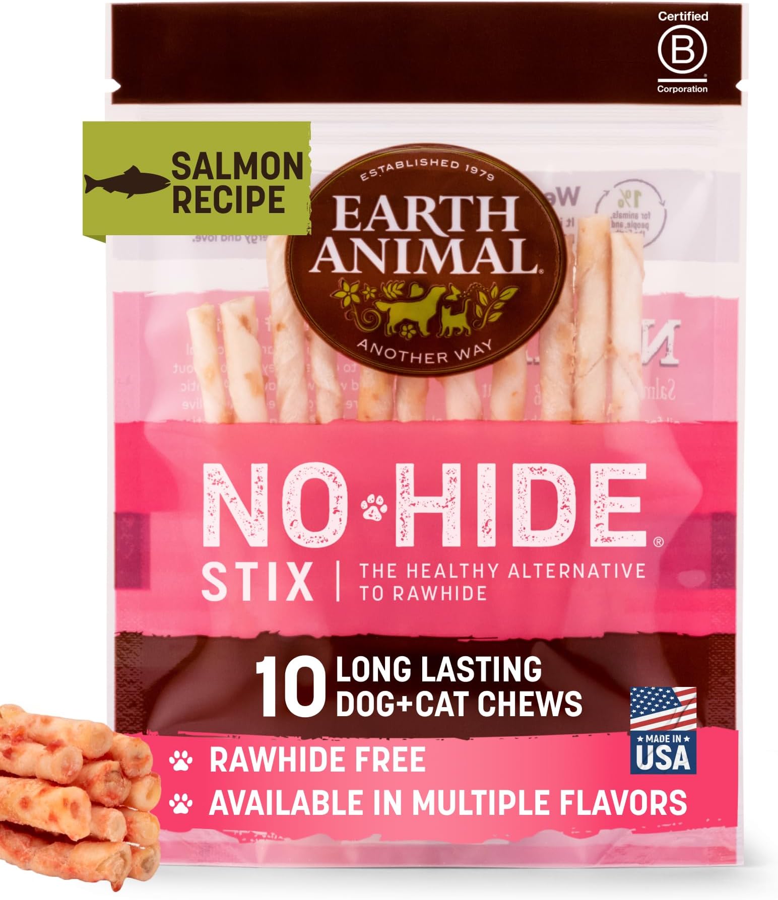 No Hide Stix - Long Lasting Rawhide Free Small Dog Chews Sticks, Salmon - 10 Count