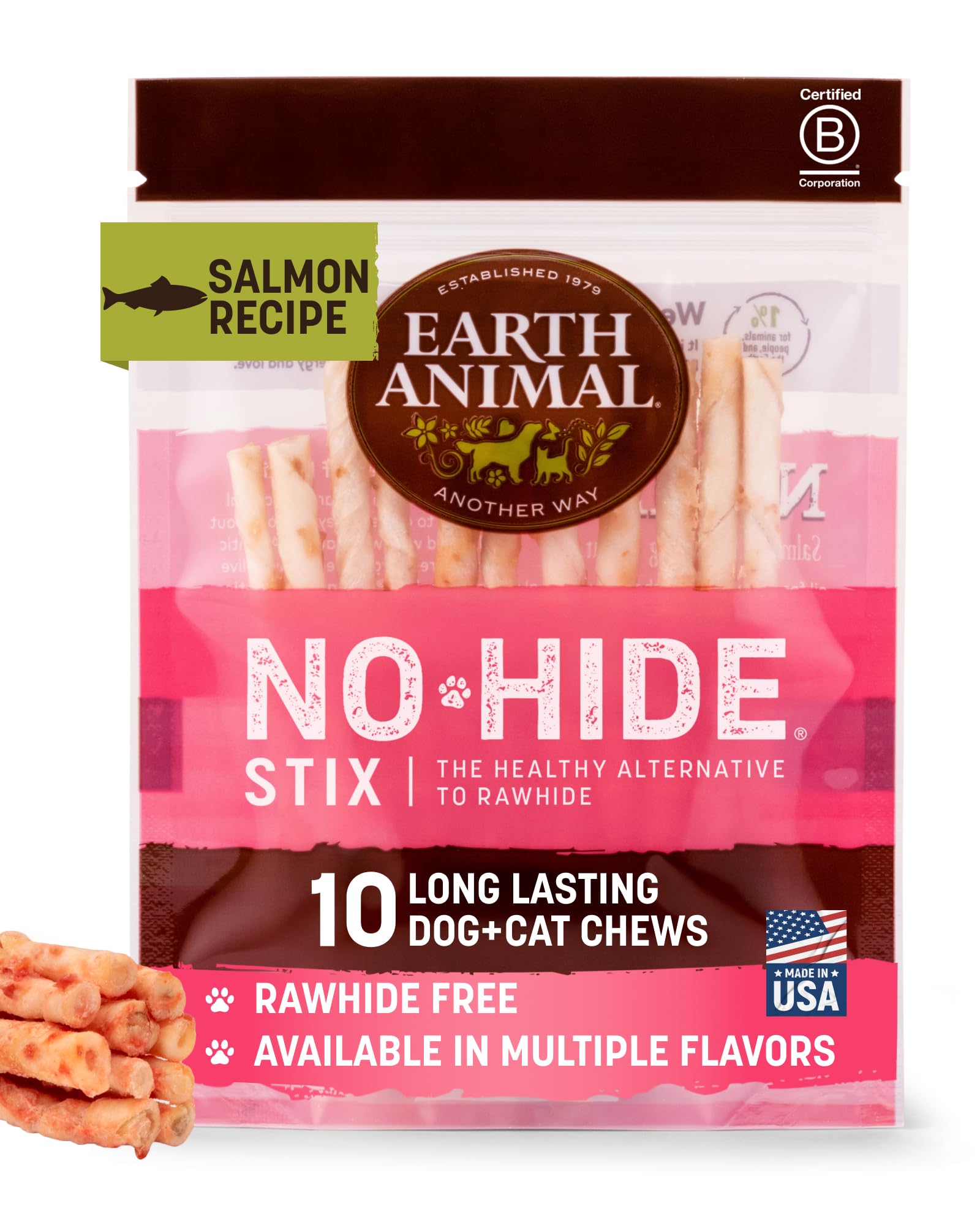 Earth Animal No Hide Stix Salmon Flavored Natural Rawhide Free Dog Chews Long Lasting Chew Sticks | Treats for Small Dogs and Cats | Great for Aggressive Chewers (1 Pack)