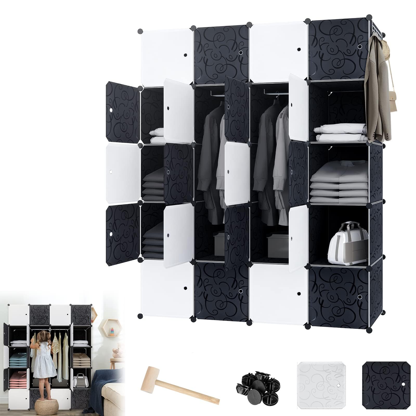 LZQ Armoire Multi-Usages - Système d'Étagères en Plastique - Avec Porte, 20 Cubes et Tringle à Vêtements - Pour Chambre à Coucher - Étagère de Rangement Étanche à la Poussière