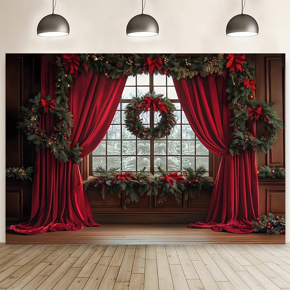 MEHOFOND 10x7ft Christmas Tree Backdrop Photography Window Snow Xmas Background Red Curtain Decoration Studio Props for Photo Video Photography Studio Props