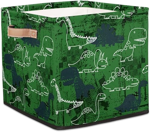 Lindos cubos de almacenamiento de dinosaurios de 13 x 13 x 13 pulgadas, modernos cubos de almacenamiento plegables de tela verde con asas de
