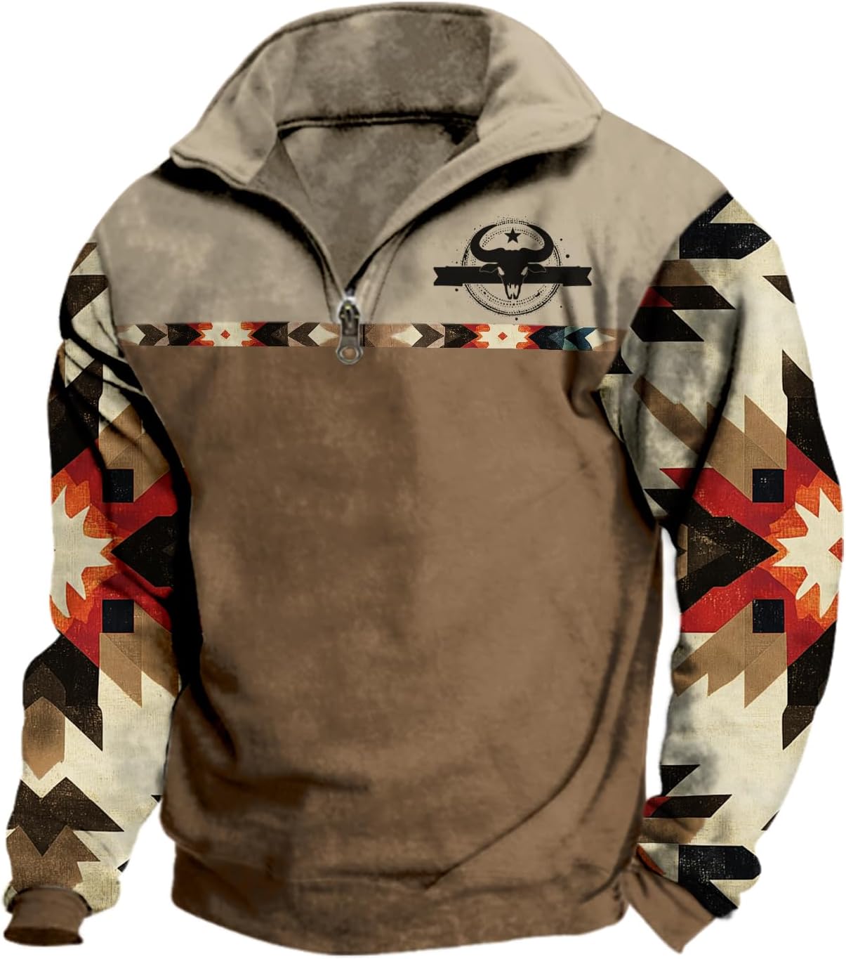 Aztec Cowboy Men's Hoodie - Vintage Outdoor Scoop Neck 1/4 Zip Up Hoodie - Retro Classic Pullover for Men - Bull Head Khaki 3XL
