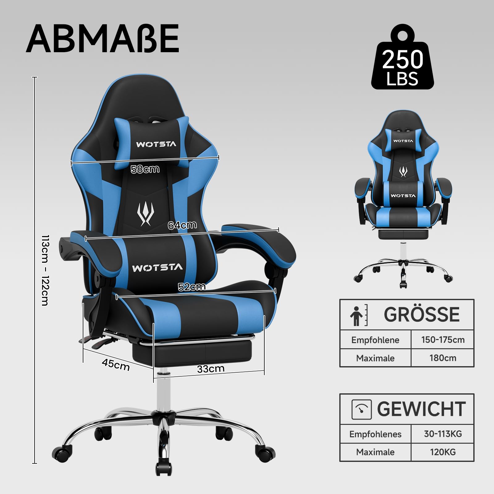 Gaming Stuhl, ergonomiischer Bürostuhl, höhenverstellbar Gamer Chair mit ausziehbarer Fußstütze, Computerstuhl mit Lendenstütze, Gaming Sessel 135°