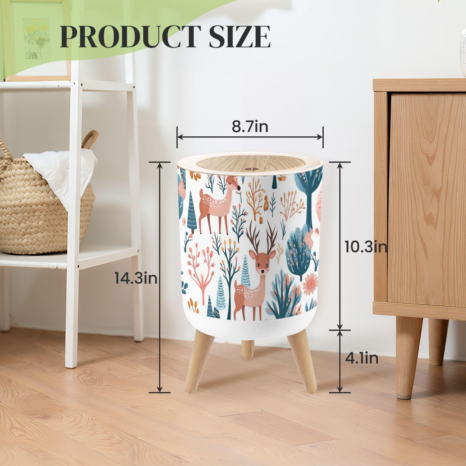 Small Trash Can with Lid Animals Flowers Repeat Patterns Art Children s Fabric Round Press Top Garbage Can with Legs Trash Bin Waste Basket for Kitchen Bedroom Bathroom 7L/1.8 Gallon