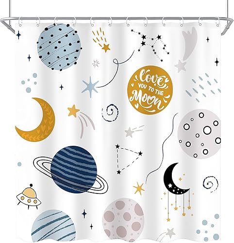 Miniatura 7 de Ufeela Cortina de ducha para niños, diseño de planeta de dibujos animados, universo lindo, galaxia, espacio y luna, juego de cortina de baño con