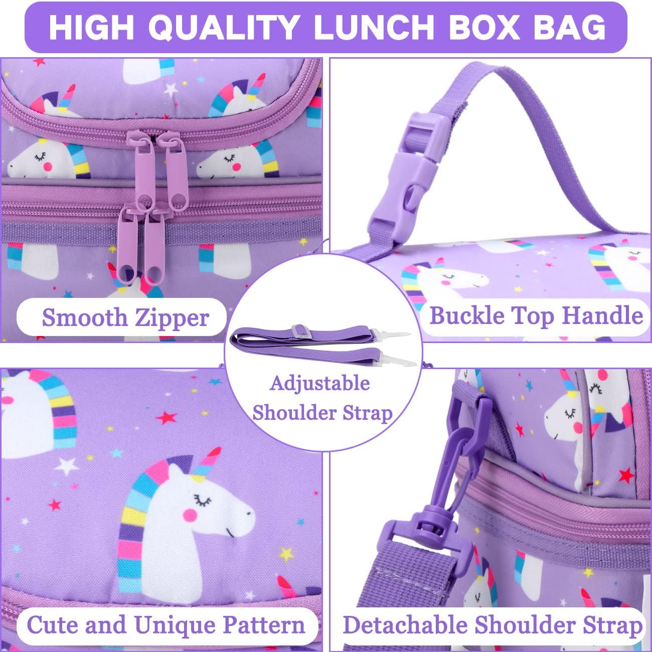 VASCHY Lunch Box Bag Kids, Insulated Two Compartments Cooler Bags Girls/Women w Shoulder Strap for School,Daycare,Kindergarten,Picnic Unicorn
