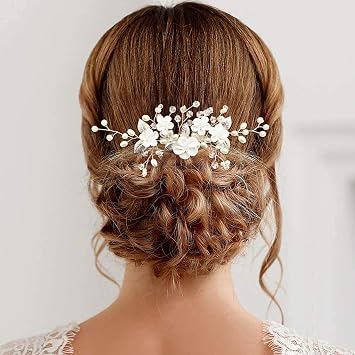 Flower Bridal Hair Vine Pieces with Comb Pearl Floral Rhinestone Leaf White Wedding Hair Pin Accessories for Women and Girls White Flower Silver Leaf