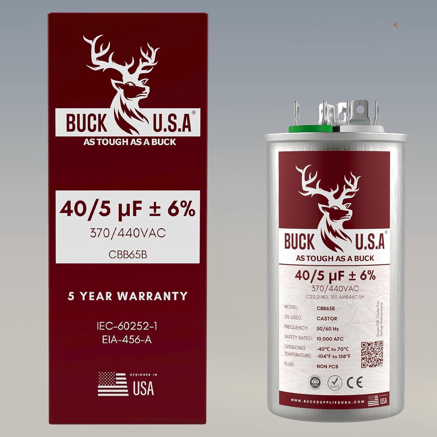 Buck 40+5uF 40/5 MFD ±6% CBB65B Dual Run Round Start Capacitor - Ideal for HVAC Systems, Air Conditioner Unit Fan Motor Start, Heat Pump, & Condenser Straight Cool Applications 370/440VAC 50/60Hz
