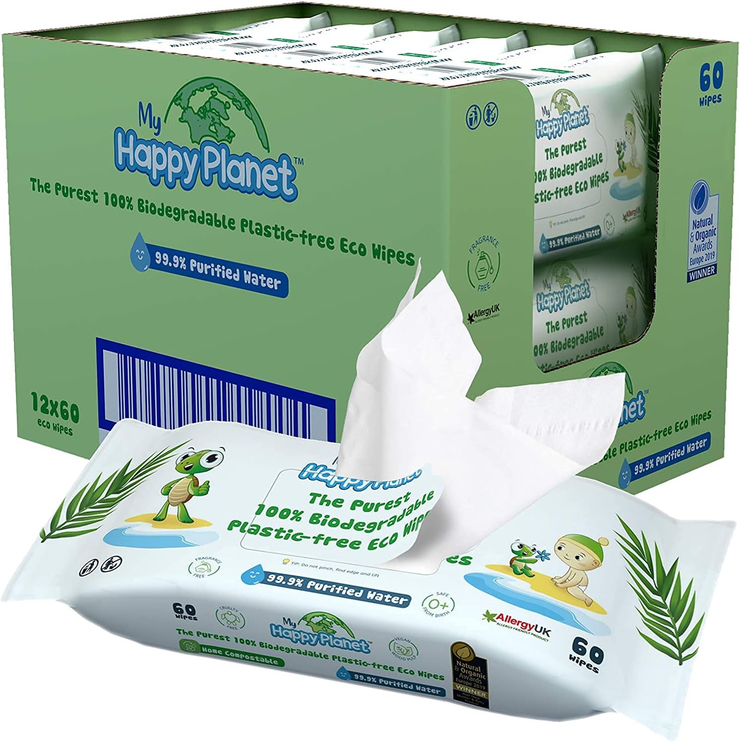 100% Biodegradable, Plastic Free Baby Wipes 99.9% Purified Water, Hypoallergenic, Fragrance & Alcohol Free, Eco Friendly, Vegan, Compostable, Cruelty Free (1 Box/12 Packs-720 Wipes)