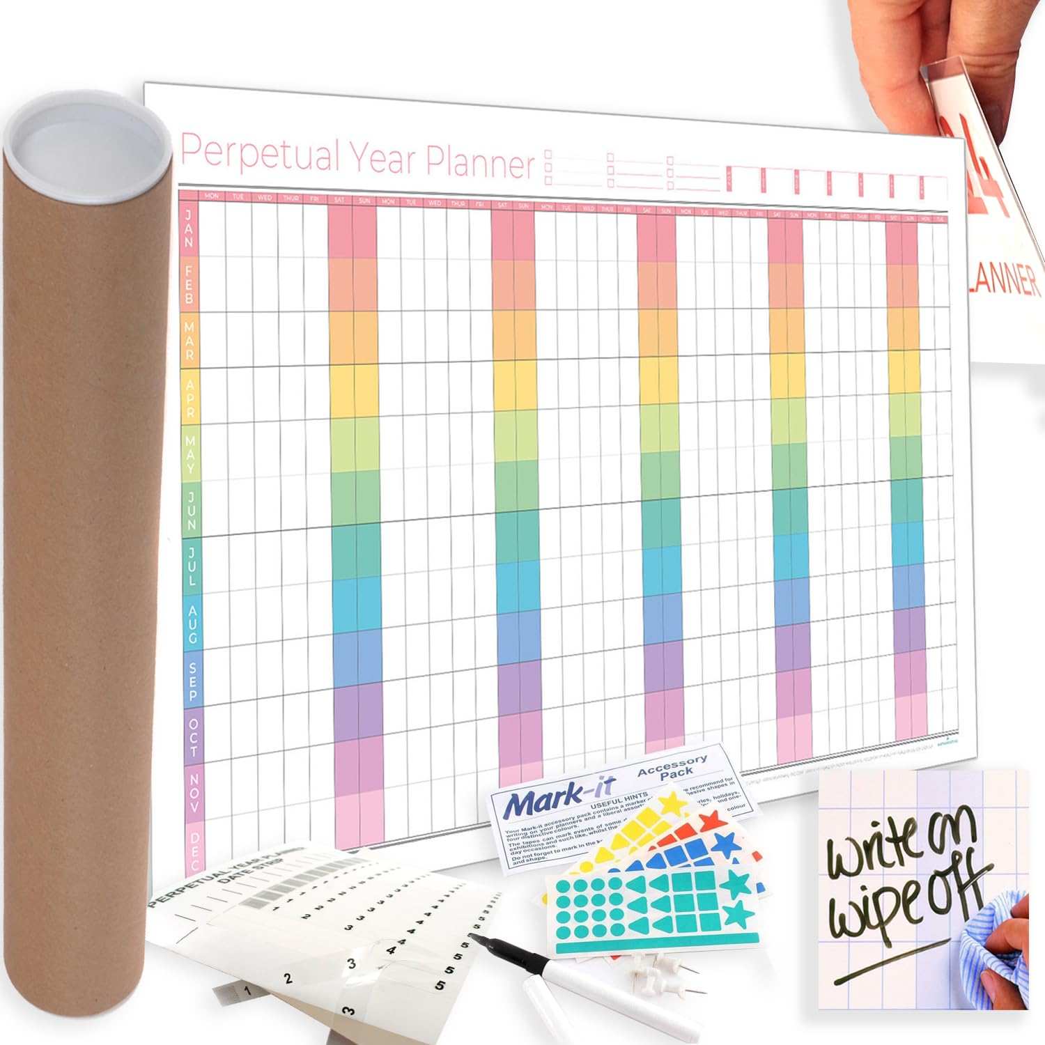 Perpetual Year Wall Planner With Repositionable Date Strips - Large 90cmx61cm - Laminated Reusable Wall Planner Calendar Ideal For Office, School, University, Home