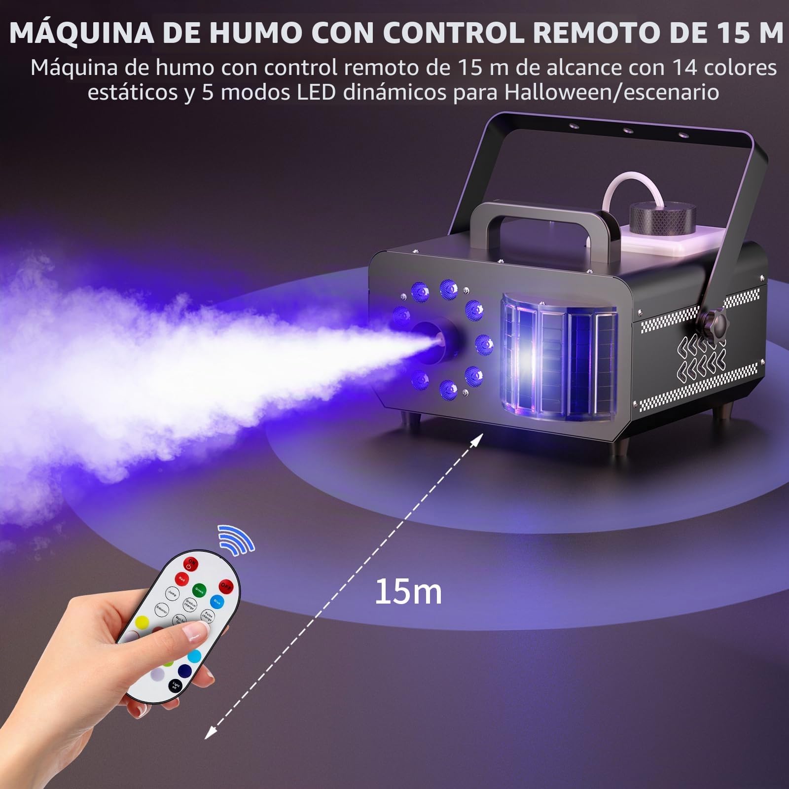 1200W Máquina de Humo, Máquina de niebla de con efecto de bola mágica y 9 LEDs RGB, 4 modos dinámicos + 14 colores de ambiente estáticos, control remoto inalámbrico, para DJ, Halloween,eventos en esce