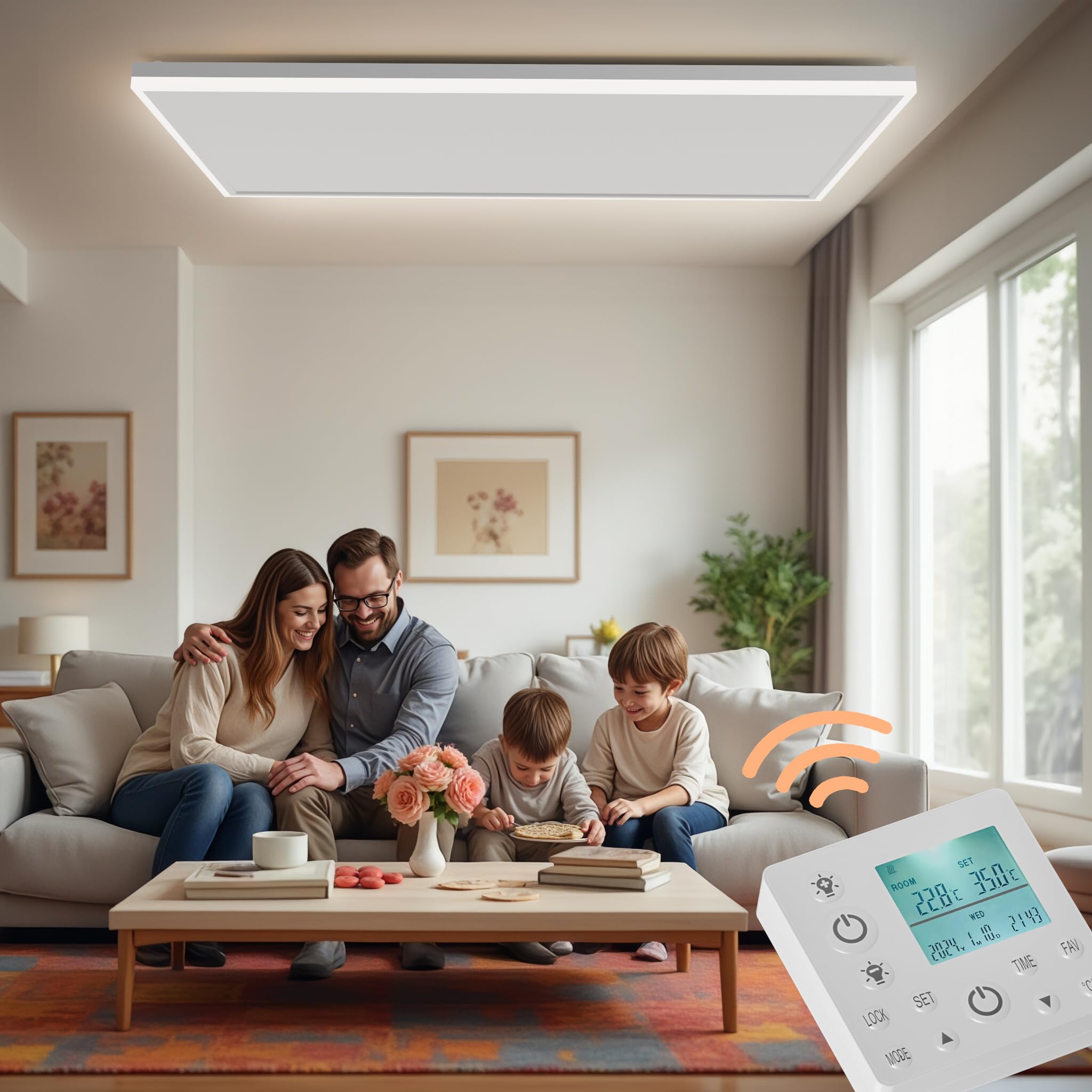 Wiltec Infrarot Deckenheizung 370 W, Infrarotheizung Deckenmontage mit LED-Beleuchtung 65,5 x 63 x 3,5 cm, Infrarot Heizung mit Thermostat