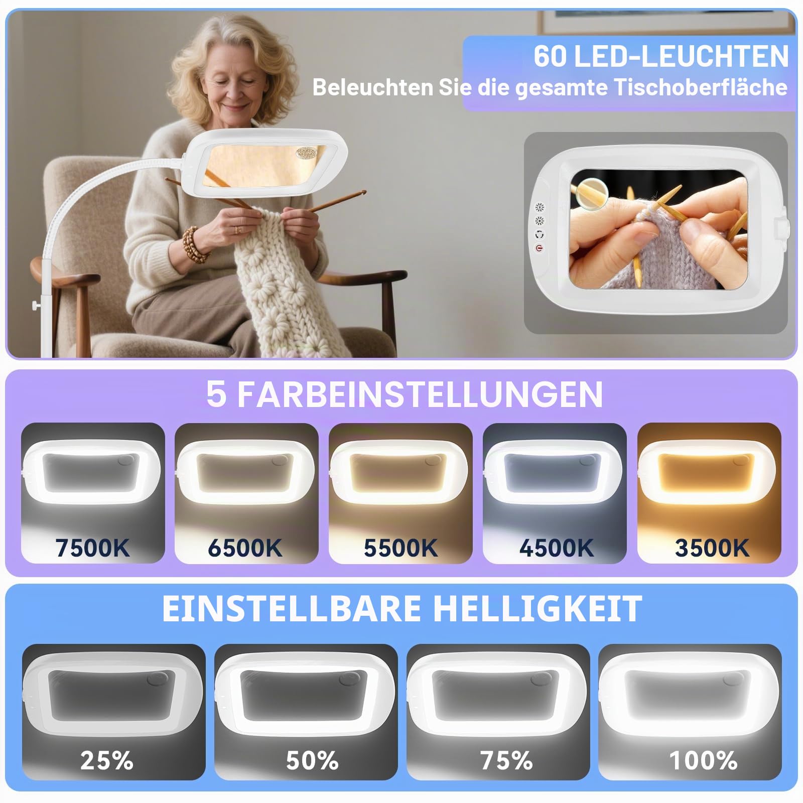 NZQXJXZ 10X Lupe mit Licht und Ständer, Flexible Schwenkarm Lupenleuchte mit 60 LED, 5 Farbmodus Dimmbare Helligkeit Leselupe mit Licht für Senioren, Lesen, Nähen, Handwerk, Feinarbeit,Weiß