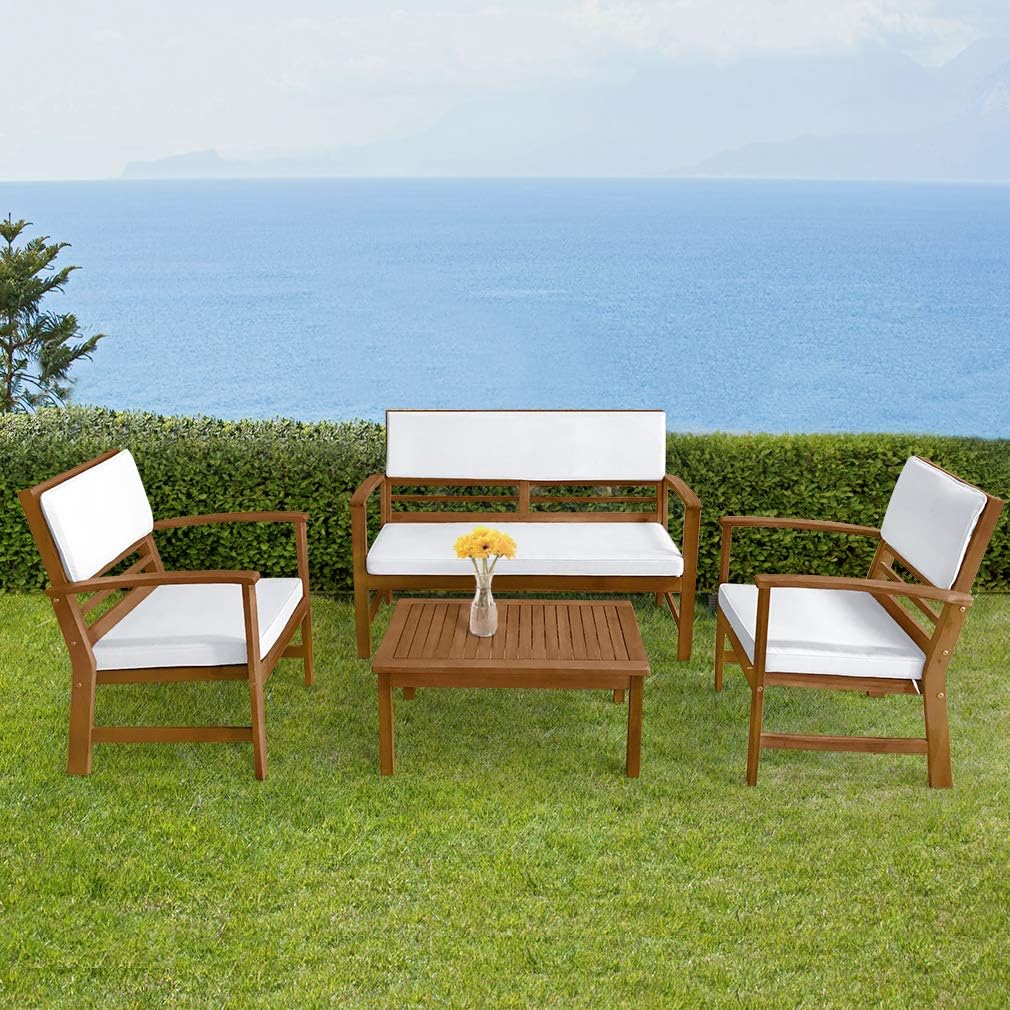 4-Piece Acacia Wood Outdoor Seating Set with White Cushions