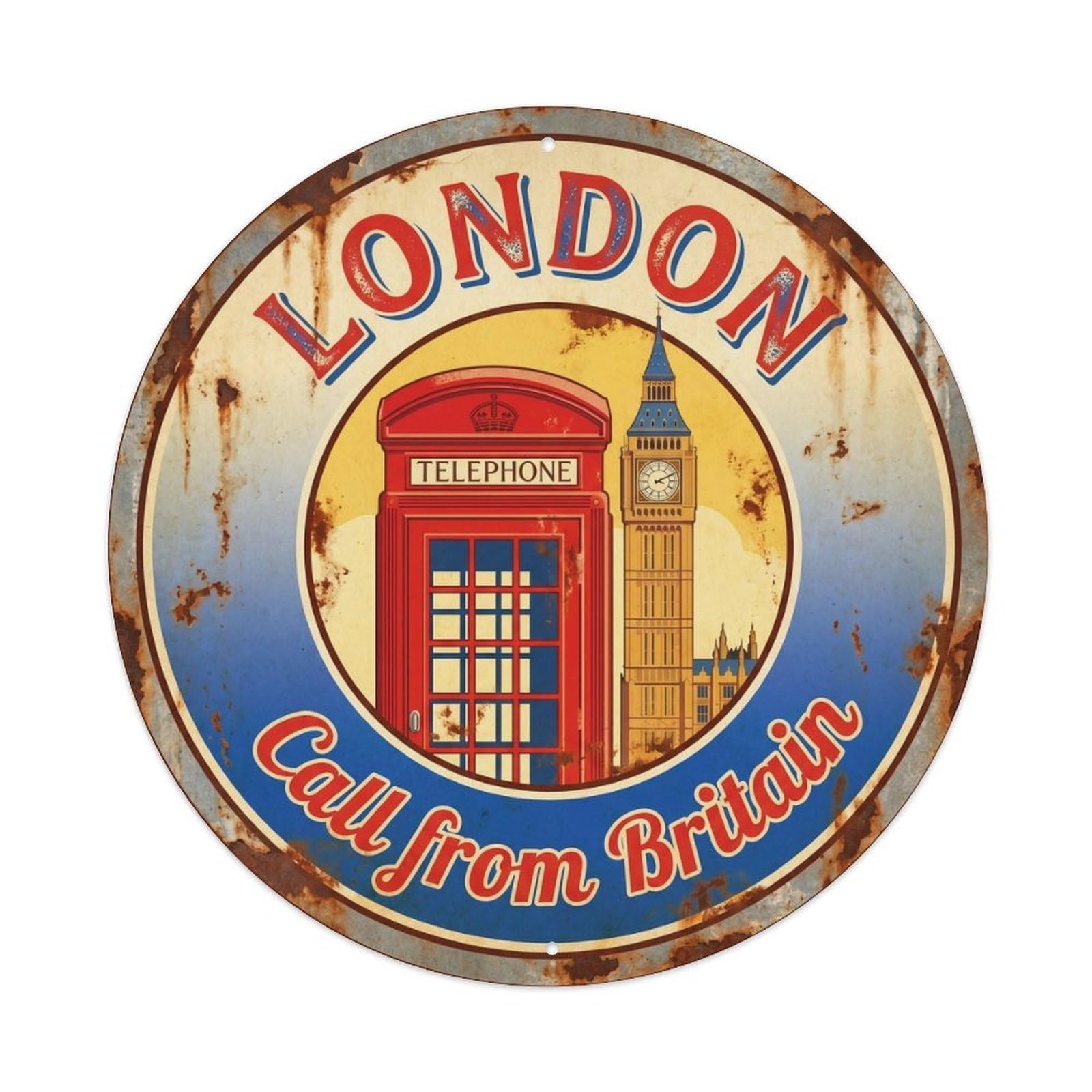 Vintage Travel London Red Telephone Booth Metal Tin Sign Plaque Wall Decor for Cafe, Club, Garden Round Metal Poster 8x8Inch