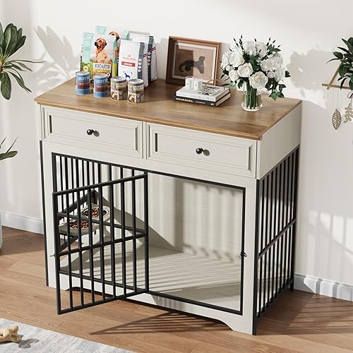 Miniatura 4 de QUW Mueble moderno para jaula de perro de 42 pulgadas, perrera de madera para perros medianos a grandes con rotación de 360 y 3 niveles de altura
