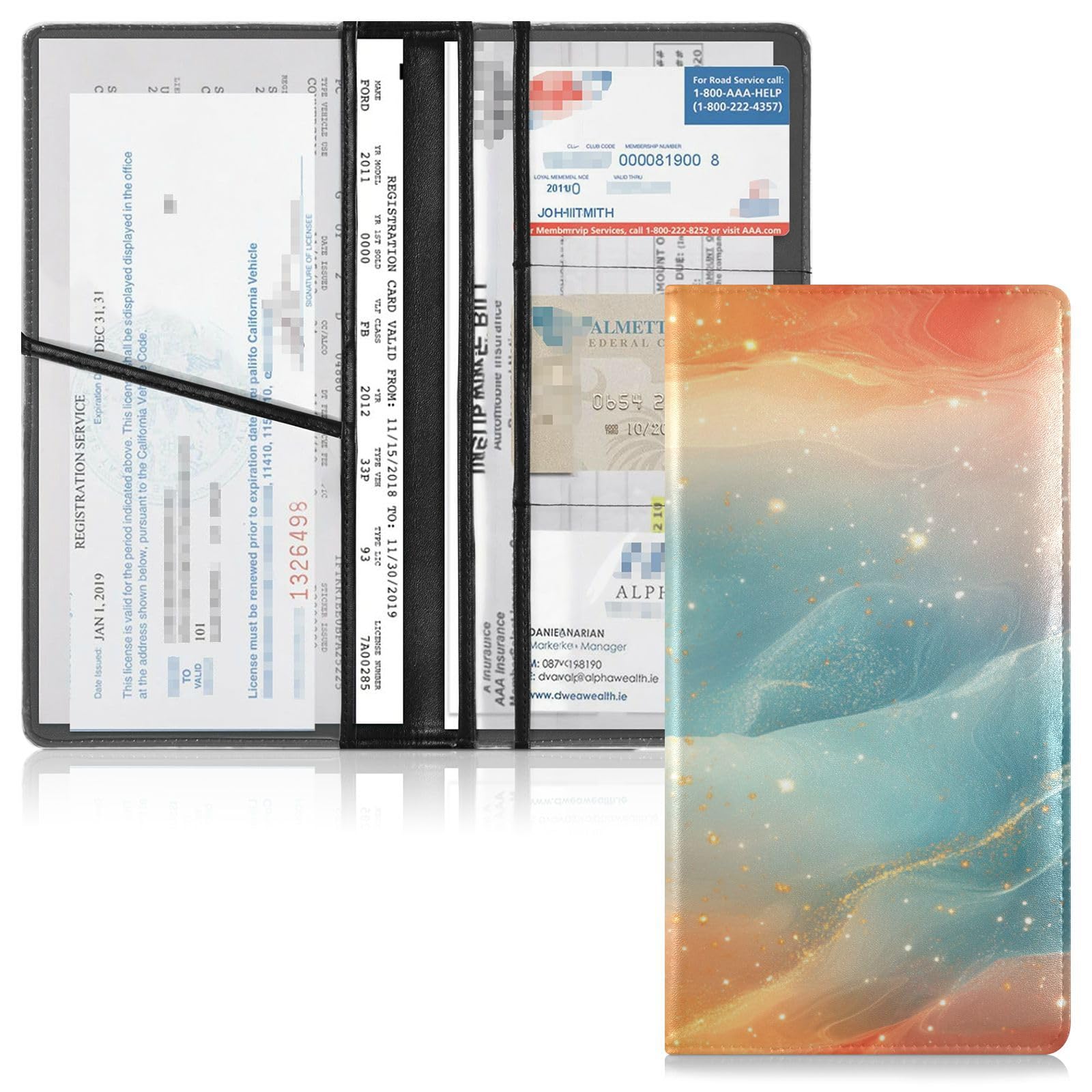 Pu Leather Car Registration and Insurance Card Holder Men Women Automobile Wallet Case Organizer for Cards, Essential Document, Driver License Vehicle Paperwork Peach Turquoise Red