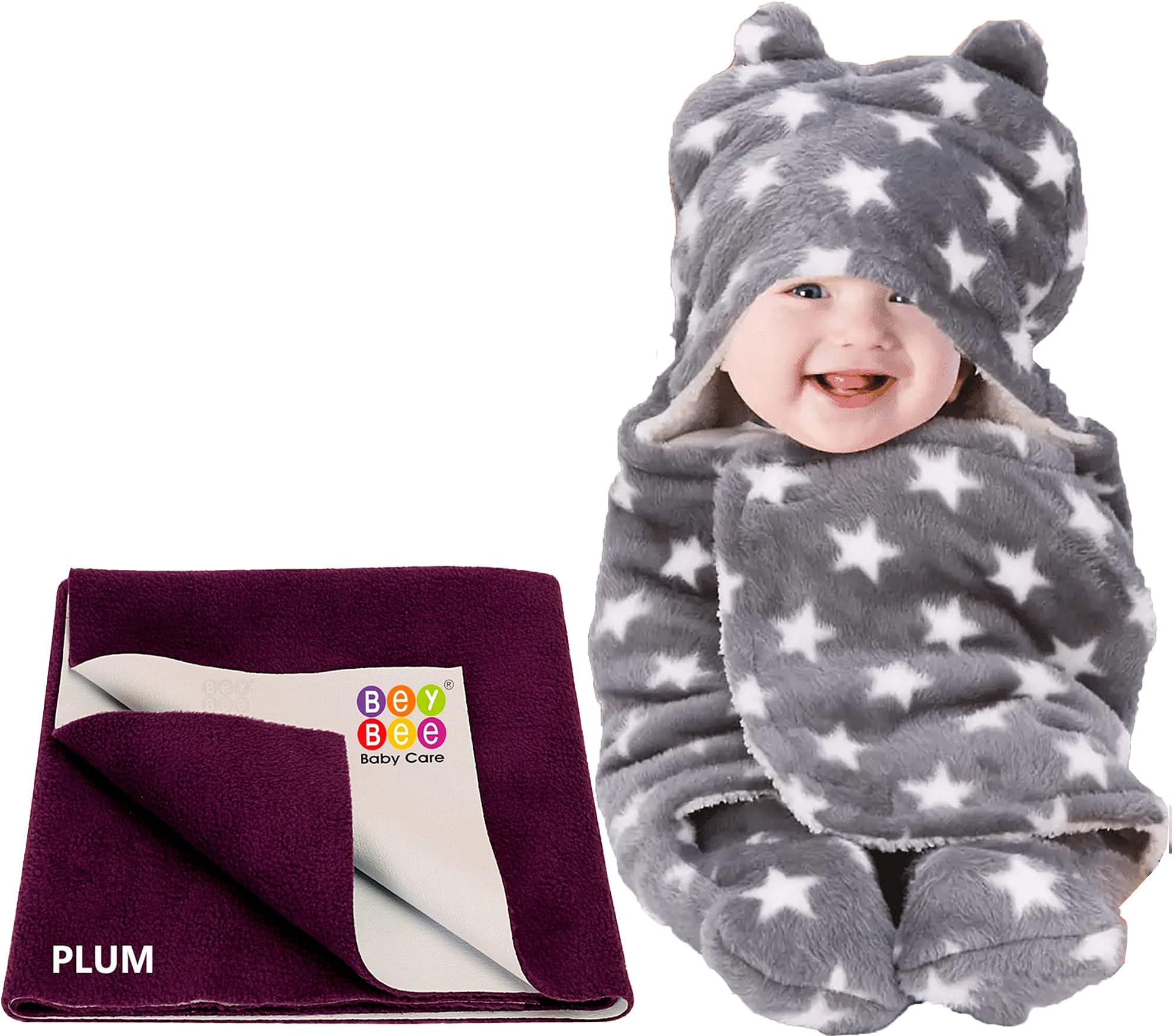 BeyBee® New Born Babies Combo Blanket & Dry Sheet (Grey, Plum)