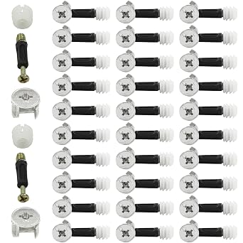 Litoexpe 30 Sets 3-in-1 Furniture Connecting Kit, 11mm OD Pre-Inserted Nut, 15mm OD Cam Lock Fitting, 6x35mm Dowel Screws for Wardrobe Cabinet Drawer Dresser