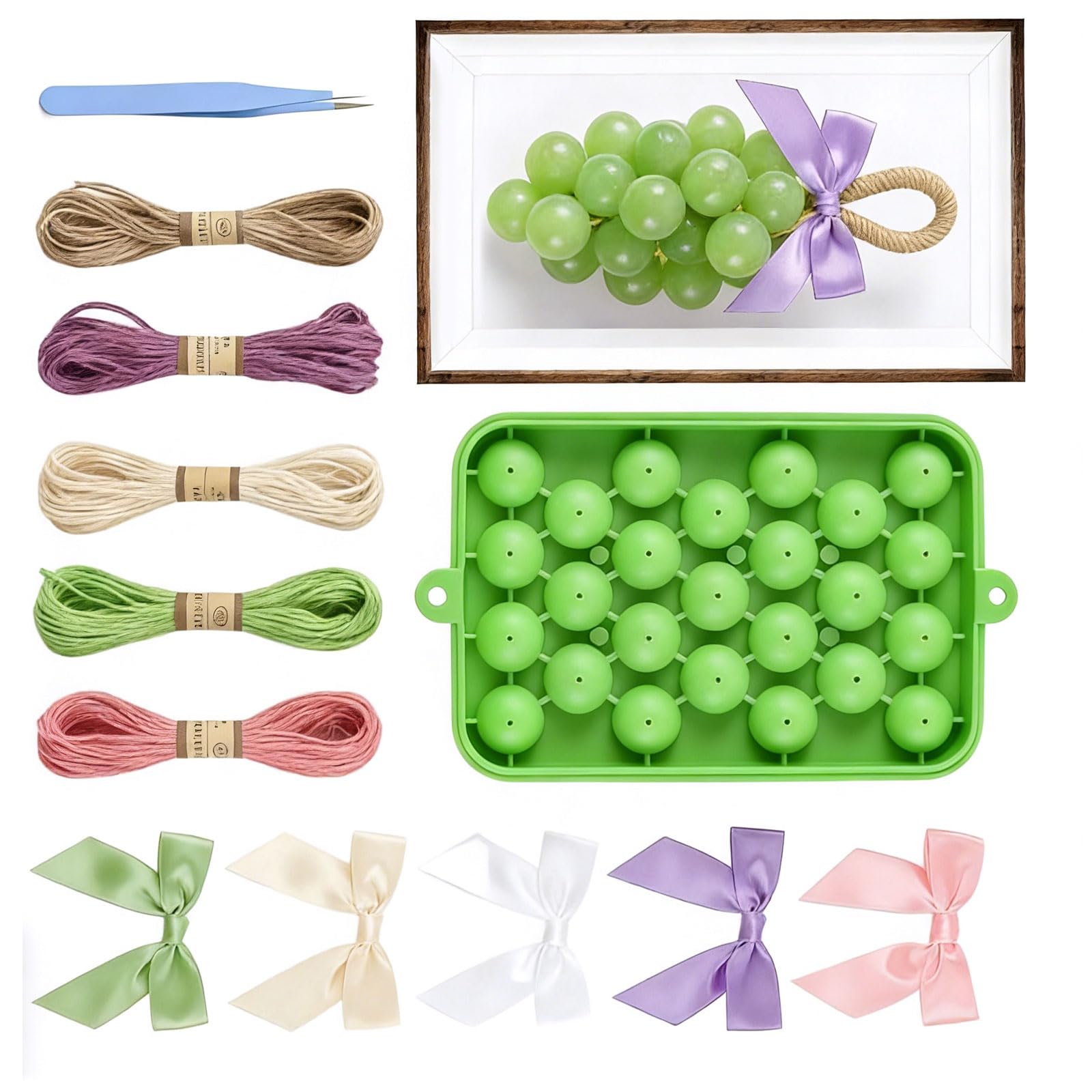 CAZSTYK Grape Shaped Artistic Soap Maker Supplies Comprising Silicone Mold Ropes Bows and Tweezers for Creative Designs Arts and Soap Set