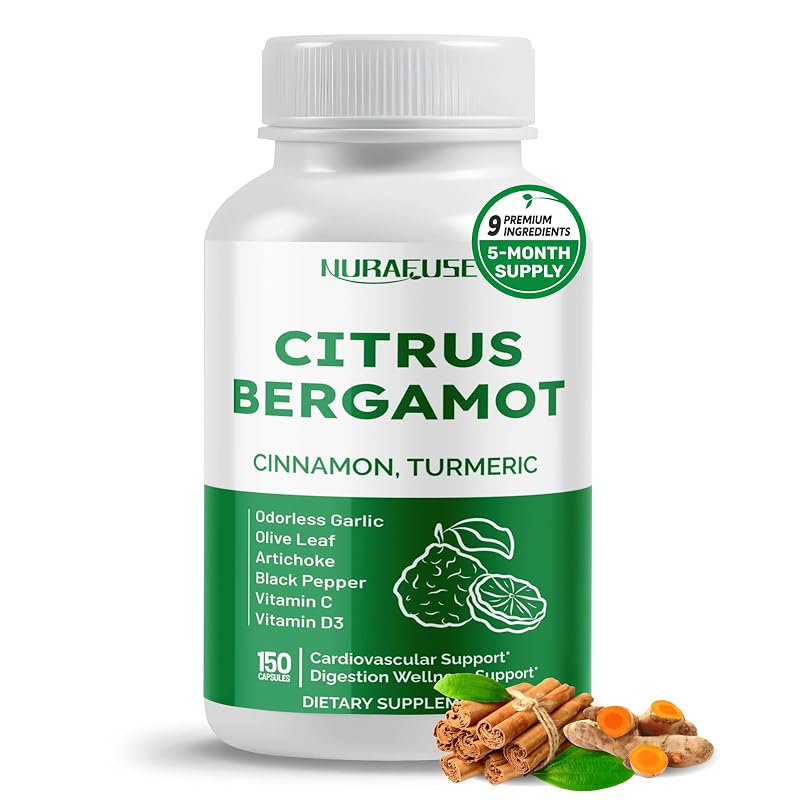 NURAFUSE Suplemento de Citrus Bergamot com vitaminas e extratos botânicos, 300 mg, 150 cápsulas vegetais