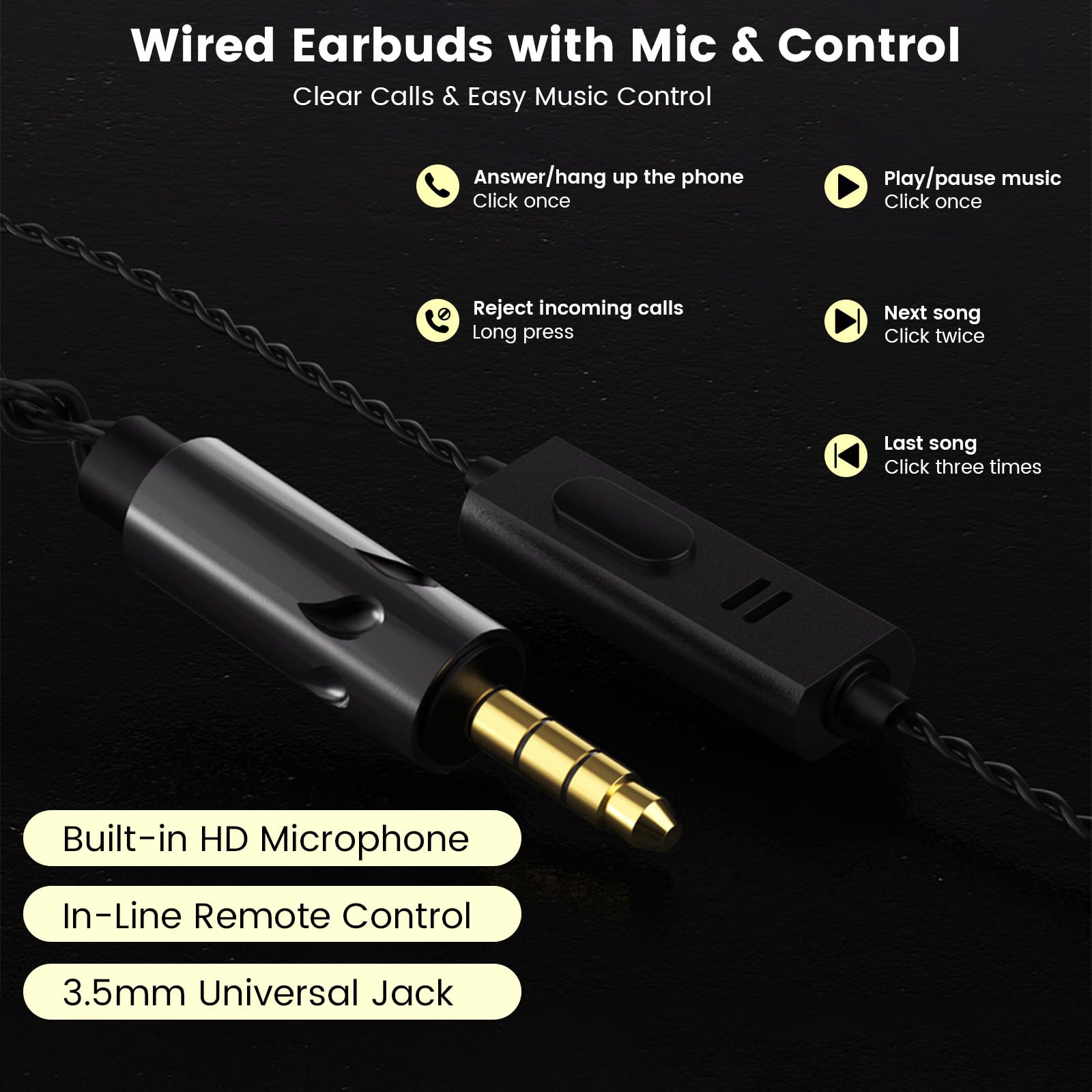 Kaiser Przewodowe słuchawki douszne, monitor douszny, HiFi Stereo IEM, podwójny sterownik, izolacja szumów, gniazdo 3,5 mm, do gier, muzyki, laptopa, muzyków (czarne, z mikrofonem)