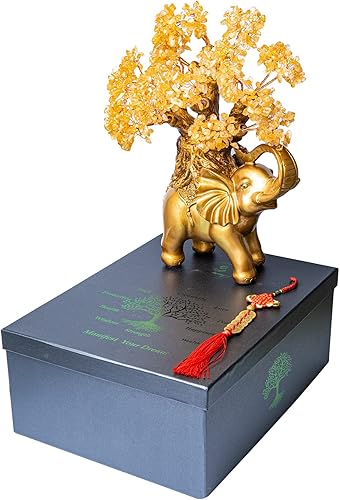 Miniatura 2 de Árbol del dinero de cristal citrino sobre estatua de elefante dorado, árbol bonsái grande de 17 pulgadas, regalo para la riqueza de energía