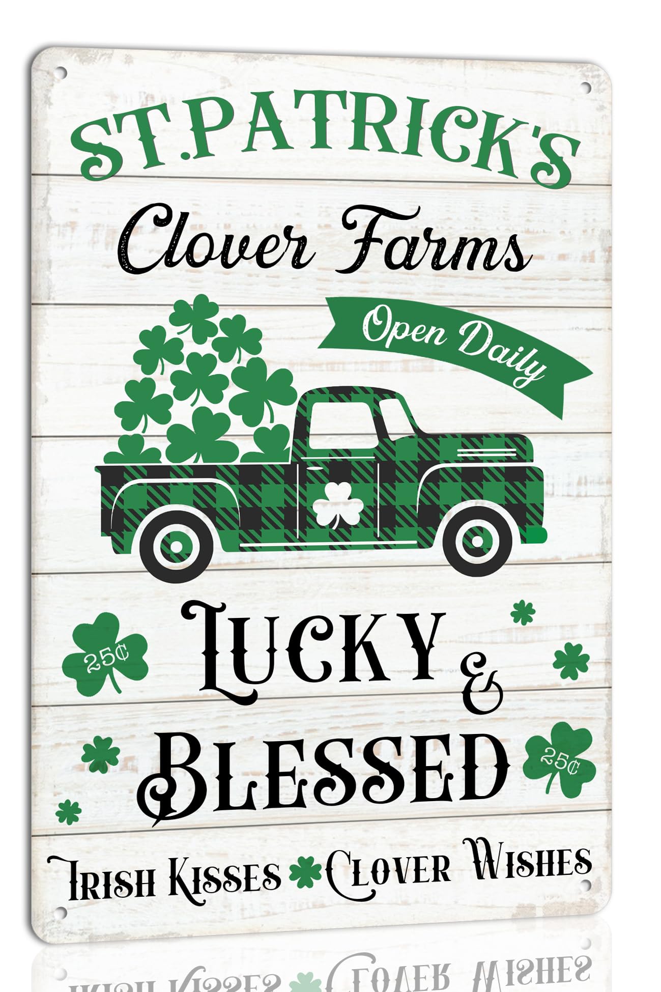 SMAZDFXX St.Patrick‘S Clover Farms Lucky & Blessed Metal Tin Sign Irish Kisses Clover Wishes Vintage Poster Wall Art Cafes Farmhouse Home Irish Party Wall Decor Retro Plaque 12"x16"