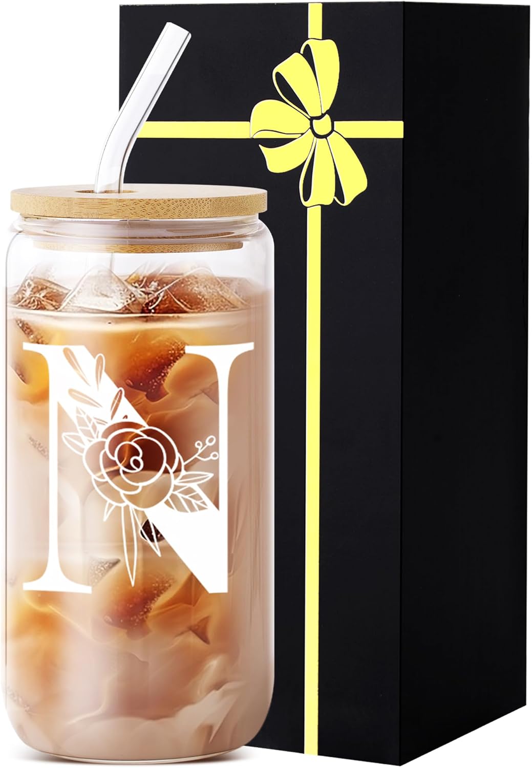 Yekidos Monogrammed Glass Drinking Cup With Lid Straw Boss Gifts For Women Cute Customized Mug Gift For her Iced Glass Tumbler Initial Cup Retirement Gift Must Haves For Women Apartment Essentials