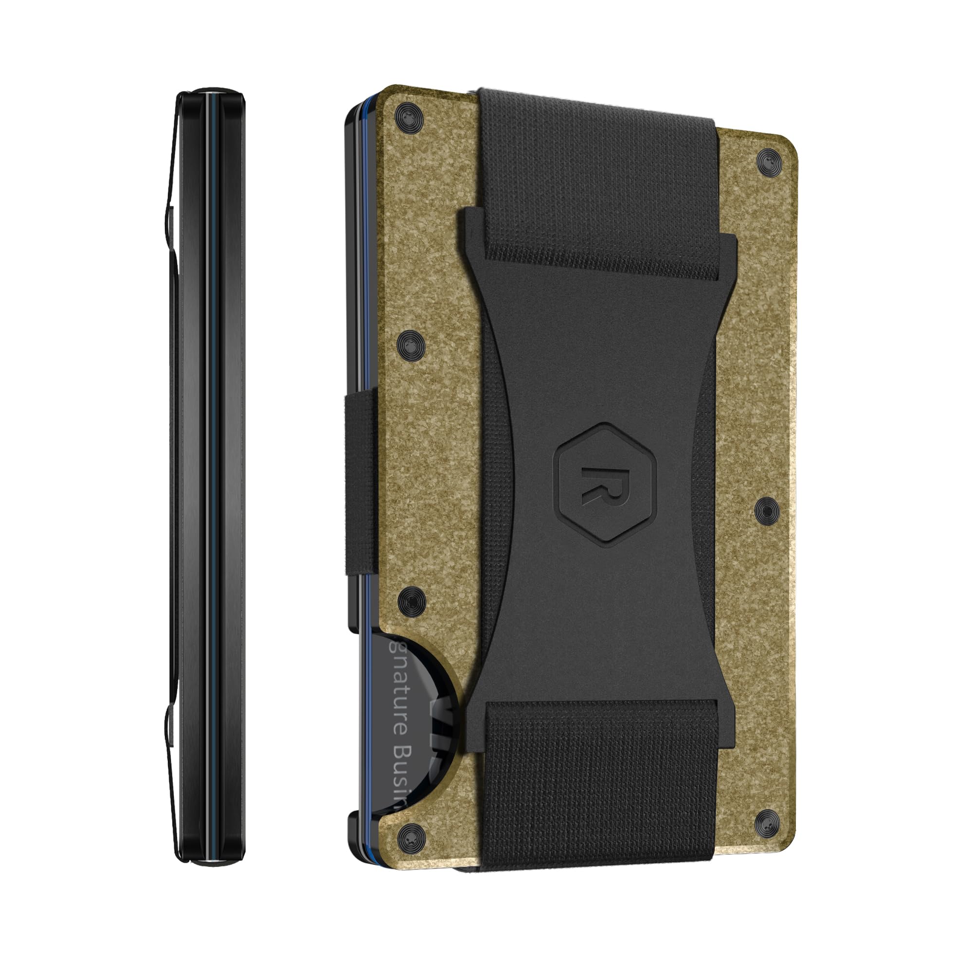 Ridge Wallet for Men - Slim Minimalist Compact Wallet and Card Holder, RFID Protected Front Pocket Wallets for Men with Integrated Cash Strap (Brass)