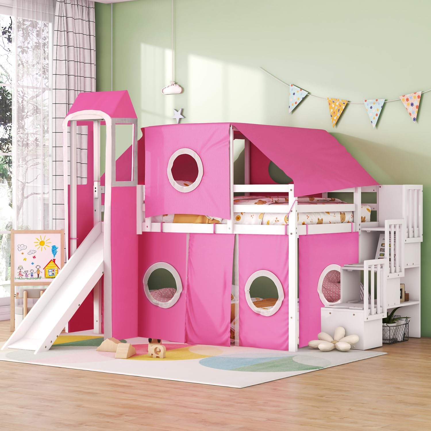 Full Size Loft Bed with Tent and Tower - Pink - Solid Wood - Playhouse Inspired - Kids Bedroom Fun