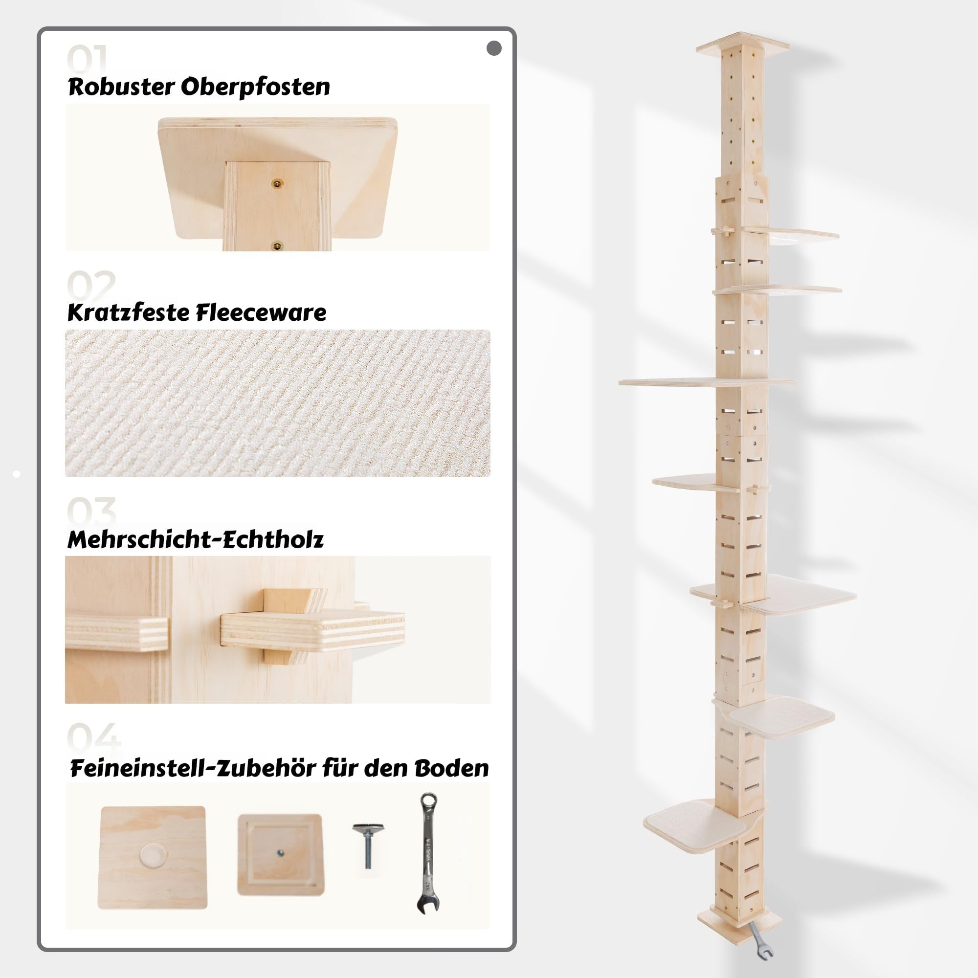 Road Kratzbaum, Katzenleiter bis zur Decke, höhenverstellbar (250-290cm), extrem hoch, 7-Ebenen-Katzenbaum, Einrichtungsideal für Wohnzimmer & Schlafzimmer