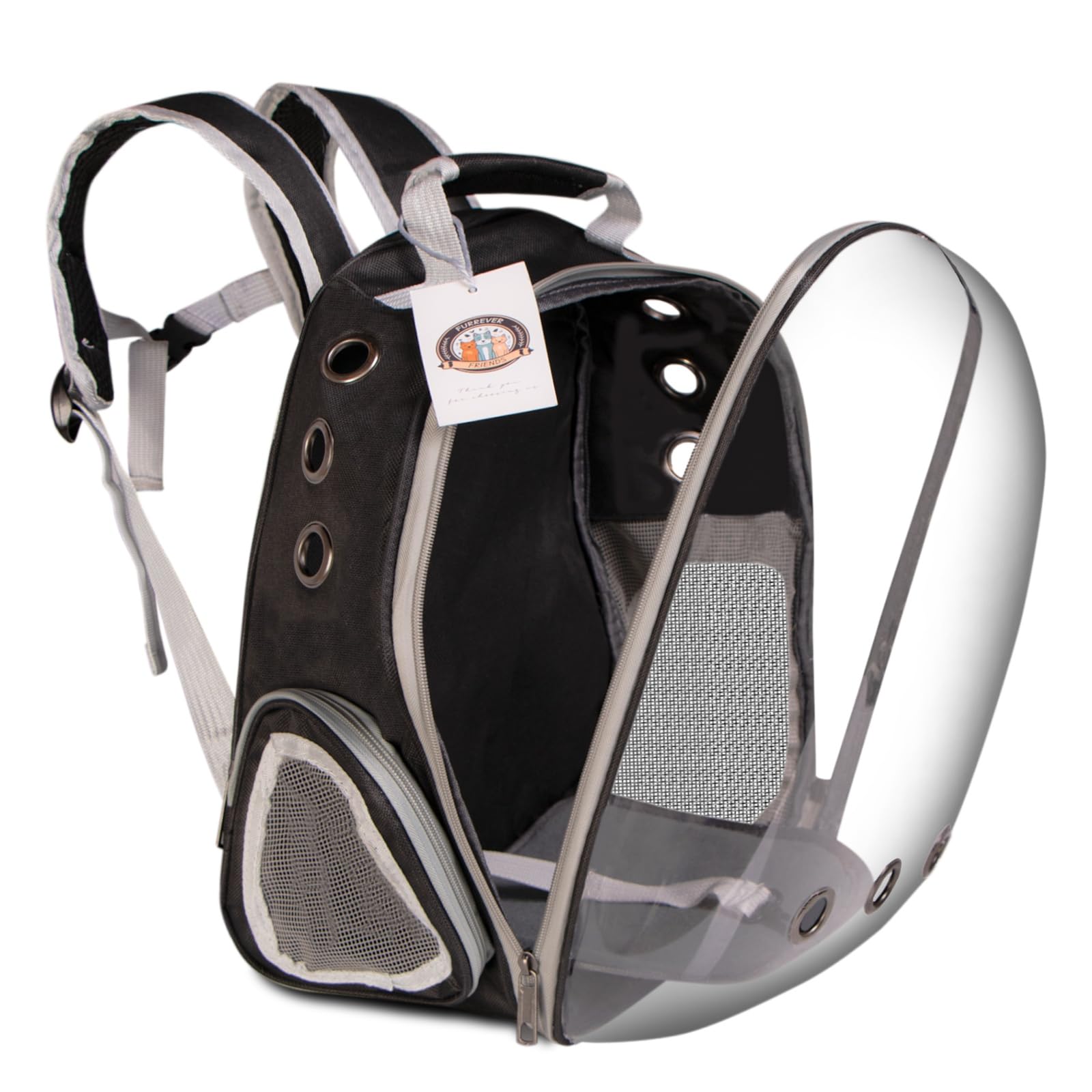 Furrevever Friends CatVision Black – Robuster und Bequemer Rucksack-Transporter für Katze und Hund, Atmungsaktives Design mit Klappöffnung, Zusätzliche Taschen und Sicherheitsleinen, Schwarz