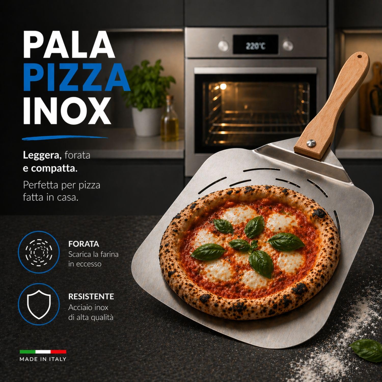 INOXLM Pala per pizza forata in acciaio inox manico pieghevole in faggio 33,5x30,5 cm, Pala per pizza corta, leggera e salvaspazio, ideale per forno domestico - Made in Italy