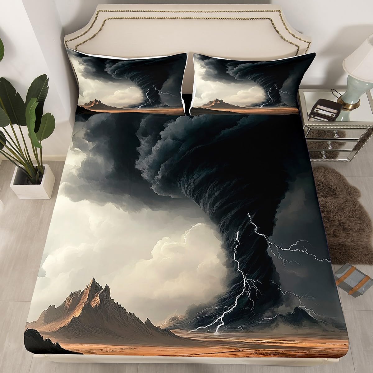 Erosebridal Tornado Fitted Sheet Full Size,Lightning Bedding Set with Deep Pocket,Orange Blue Nature Bed Sheets,Natural Disaster Sheets Highway with Tornado Design 3Pcs(1 Fitted Sheet,2 Pillowcases)