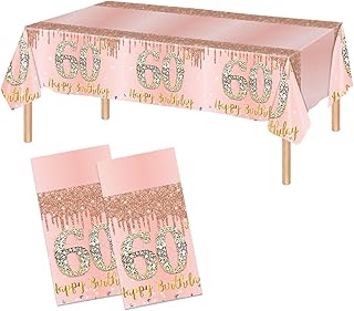2 Pack 60th Birthday Tablecloth Pink Rose Gold 60th Birthday Table Cover Happy 60th Birthday Decorations for Women Plastic Disposable 60th Birthday Table Cloth 60th Birthday Party Supplies (54"x108")