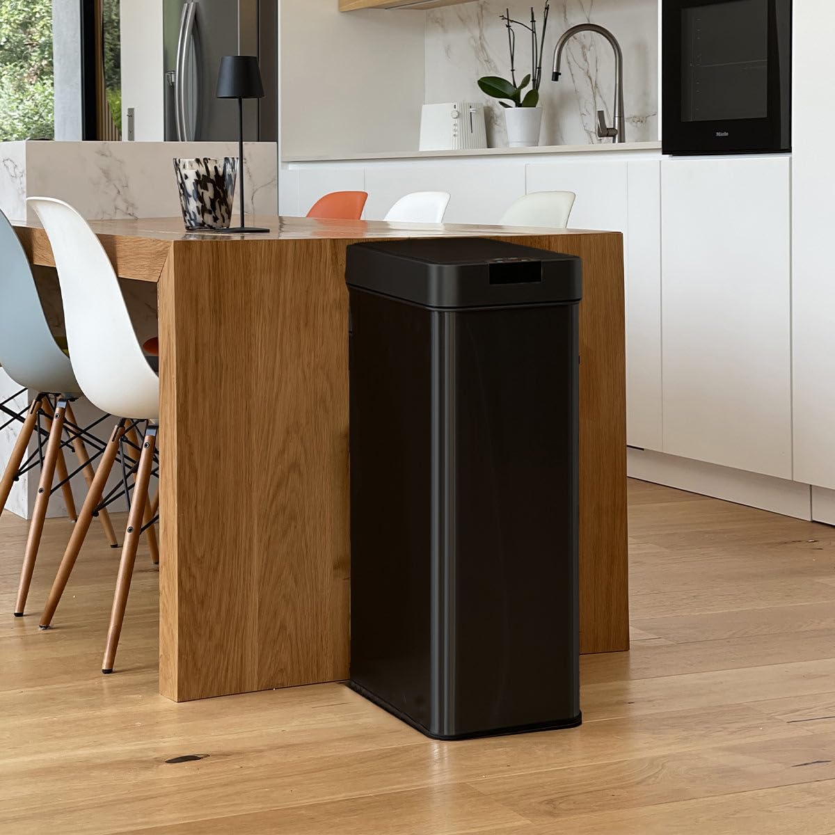 KITCHEN MOVE Abfalleimer für die Küche, automatisch, 90 l, Silverlake Schwarz, aus Edelstahl mit Umreifung, Schmetterlingsöffnung, großes Fassungsvermögen