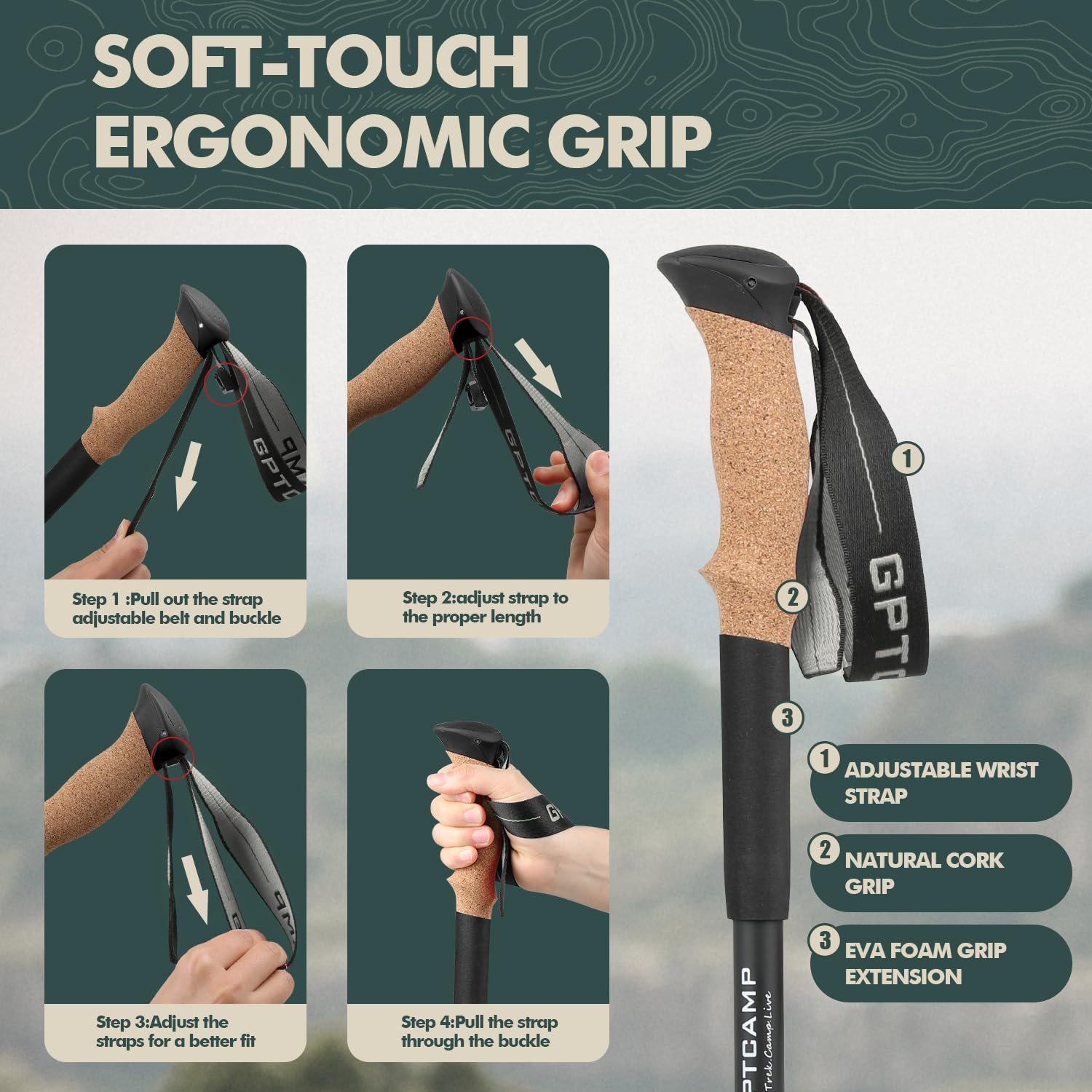 GPTCAMP Bastones de senderismo, bastones de senderismo plegables, ligeros y plegables para hombres y mujeres, 2 bastones de senderismo ajustables con agarres de espuma EVA para mochileros, color negro