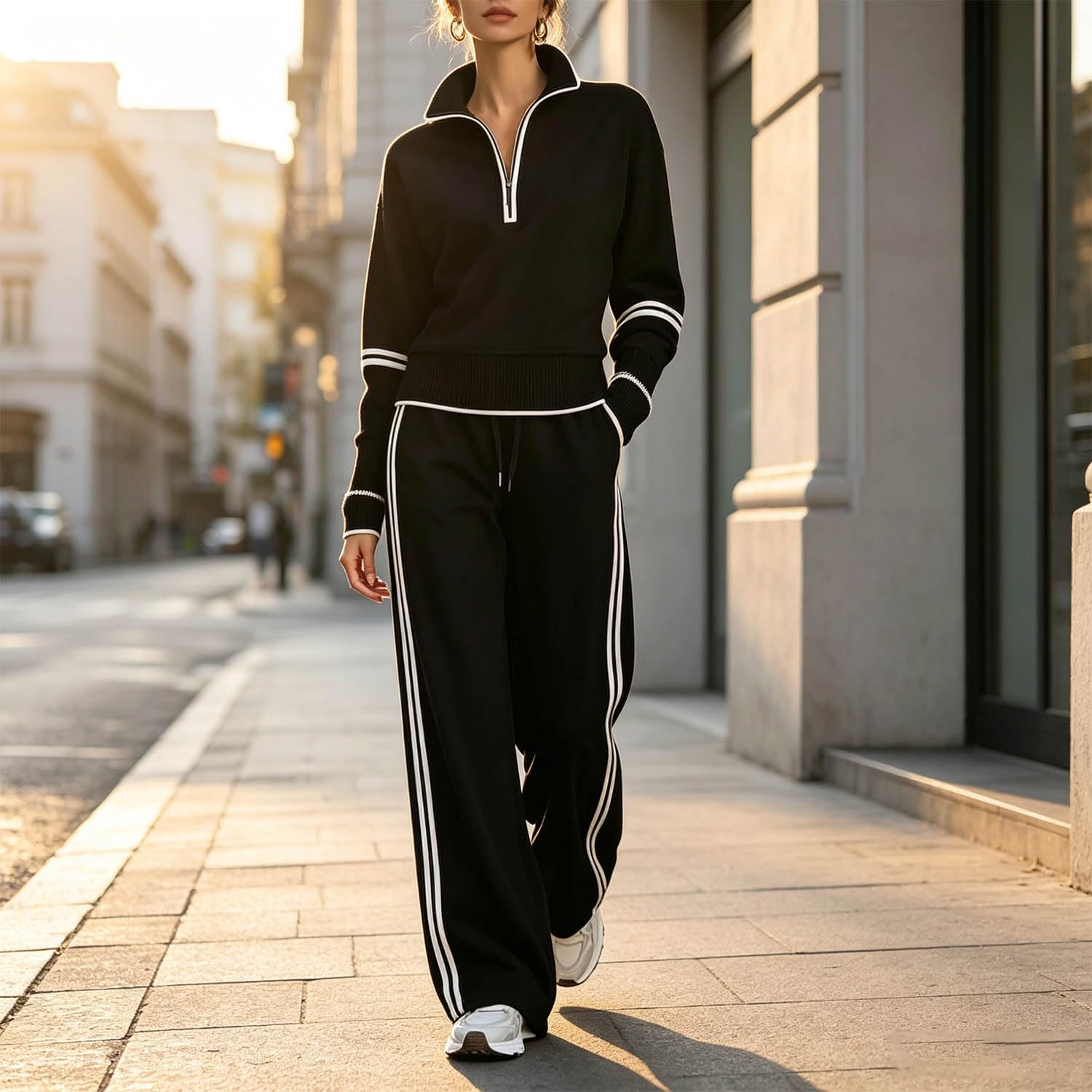 Damski dres z zamkiem do połowy, zestaw, stójka, bluza z szerokimi