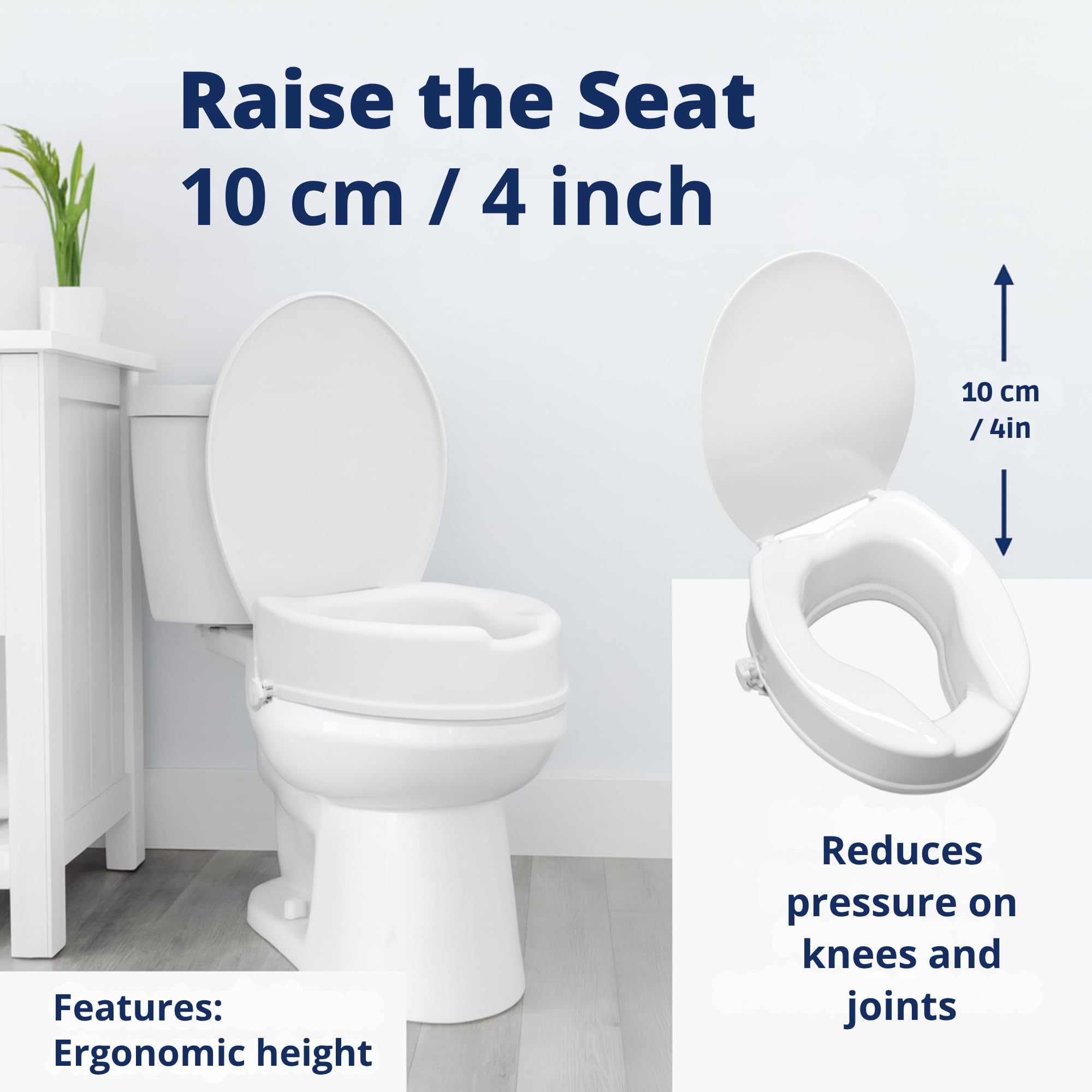 Sedile WC rialzato con coperchio, alzata per WC da 10,2 cm, facile installazione senza attrezzi, adatto per WC standard e allungati, supporto per disabili e incinte, blocco sicuro, plastica resistente