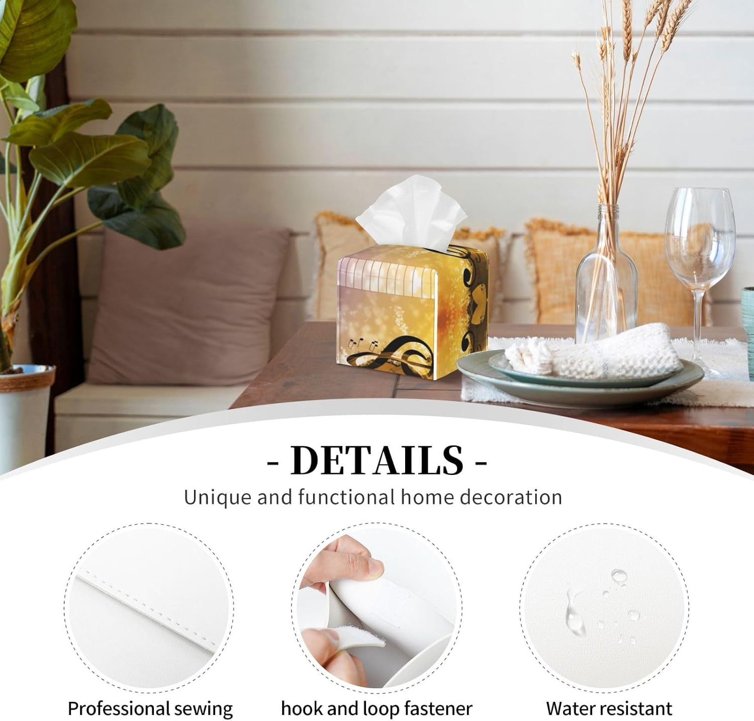 Pu Leather Cube Tissue Box Holders Modern Waterproof Square Tissue Box Cover Piano Violin Music Notes Facial Paper Holder for Bathroom Kitchen Nightstand Office Home Decor image 4