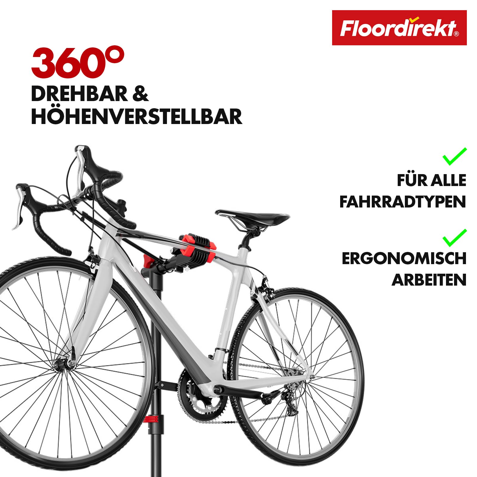 Floordirekt Fahrrad Montageständer bis 30 kg belastbar, Profi Reparaturständer mit Werkzeugschale, drehbar, klappbar, höhenverstellbar (Lois)