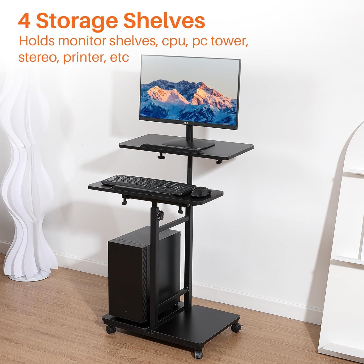 Mobile Laptop Stand Desk, Standing or Sitting Rolling Computer Cart with Tower Stand, Adjustable Height 27.5" to 47.2" Portable Laptop Table Home Office Computer Workstation, Locking Wheels