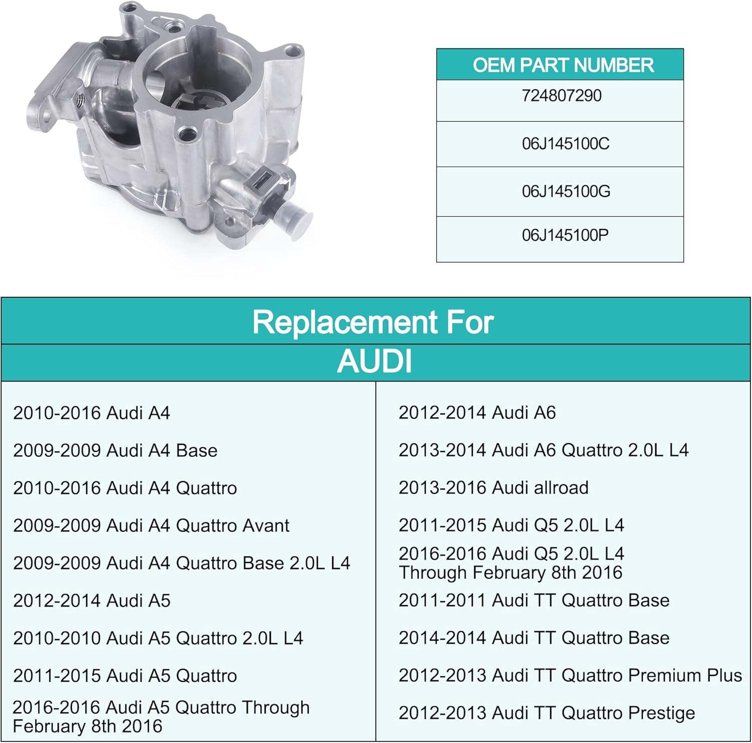 AULINK 06J145100C Brake Booster Vacuum Pump ‎724807290 OE Replacement for 2009-2016 Audi A4 A4 A5 A6 Q5 TT Quattro Allroad Line4 2.0L