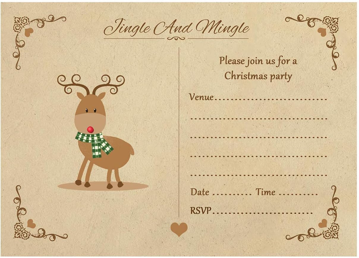 Artstore Vintage Reindeer Christmas Party Invitations With Brown Kraft Envelopes - Pack of 20